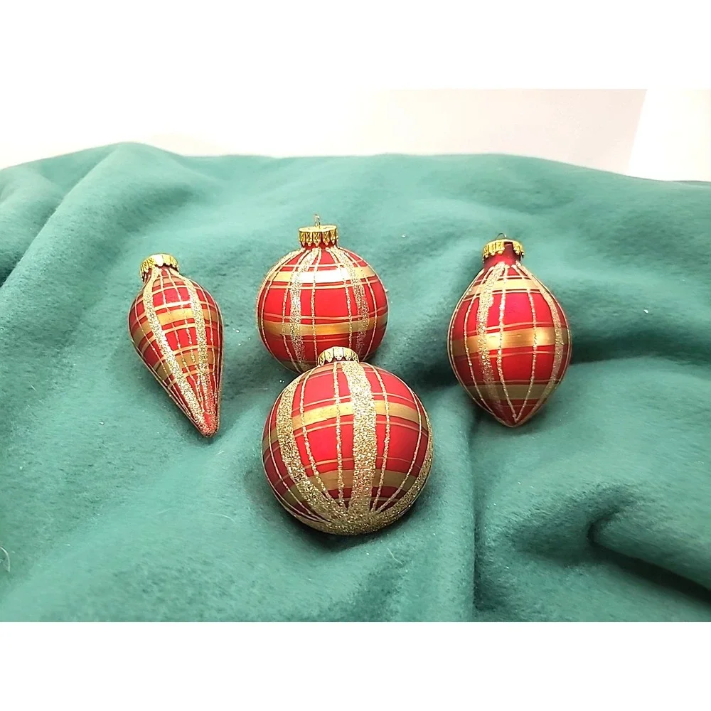 Four Red and Gold Hand‎ Painted Plaid Glass Christmas Ornaments